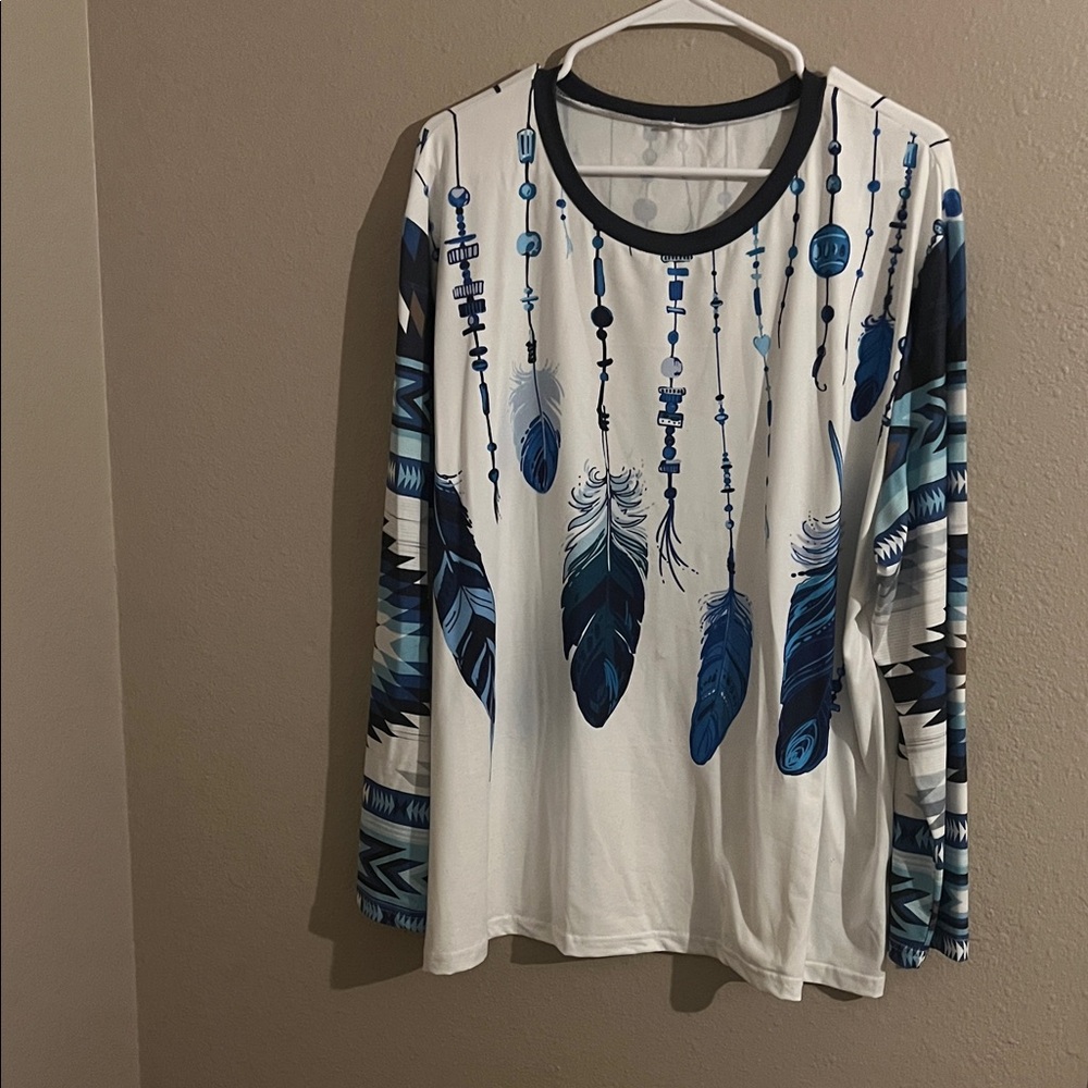 Elegant Blue Feather Print Long Sleeve Top